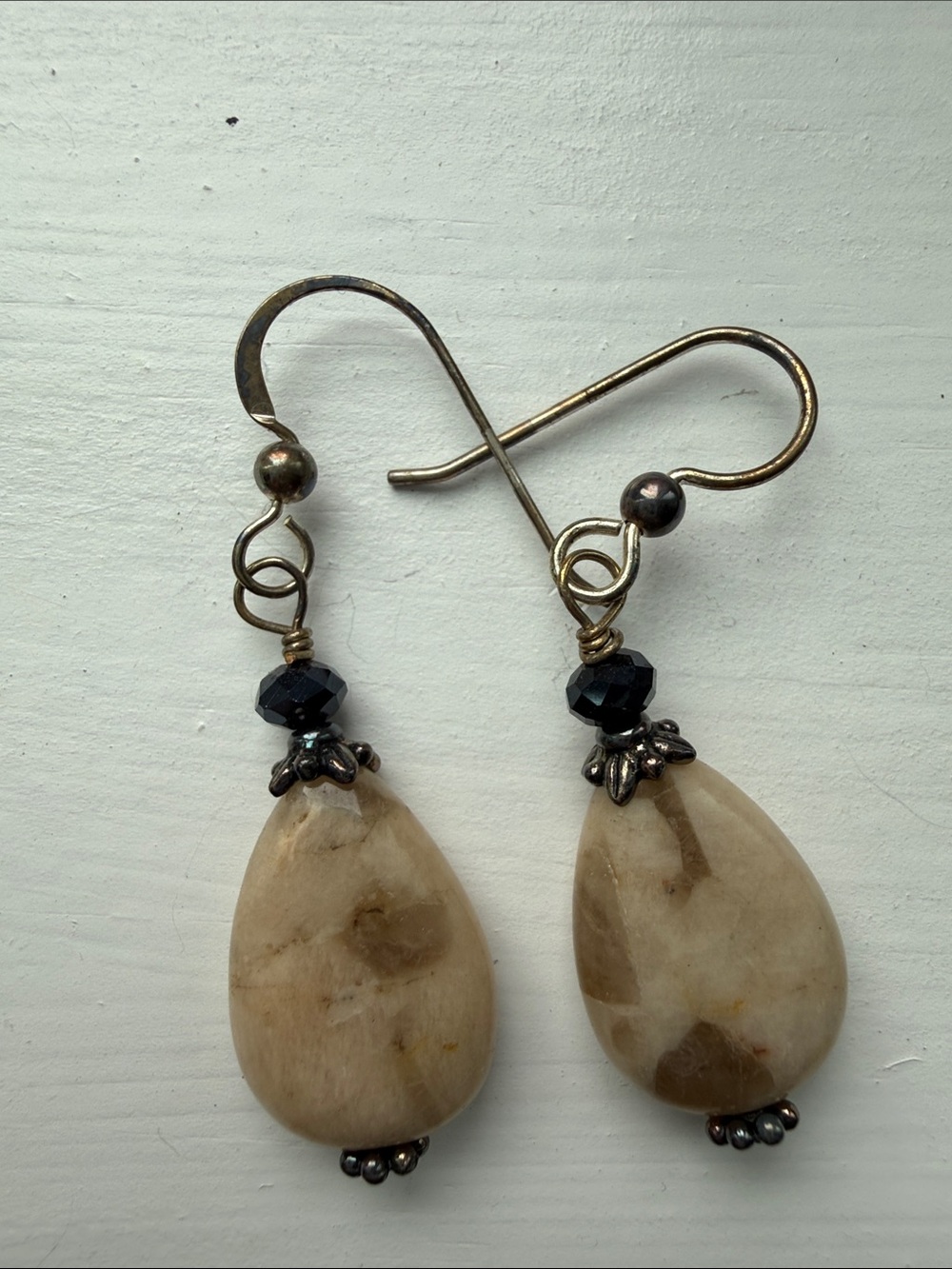 Beige Jasper Teardrop Stone Dangle Earrings with Sterling Silver Accents